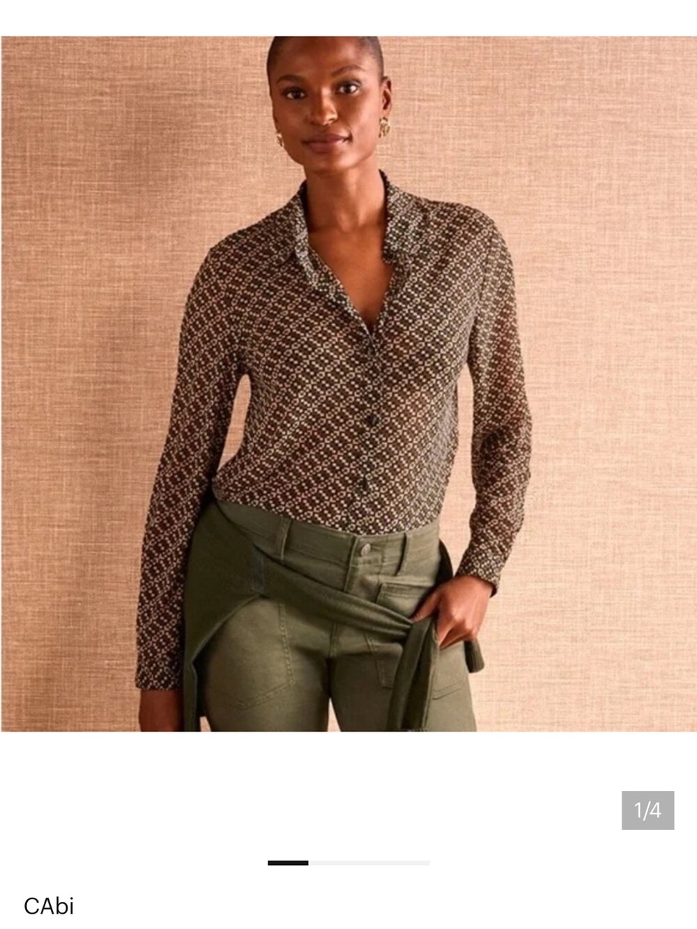 CAbi Olive Green & Black Geometric Mesh Blouse NWT